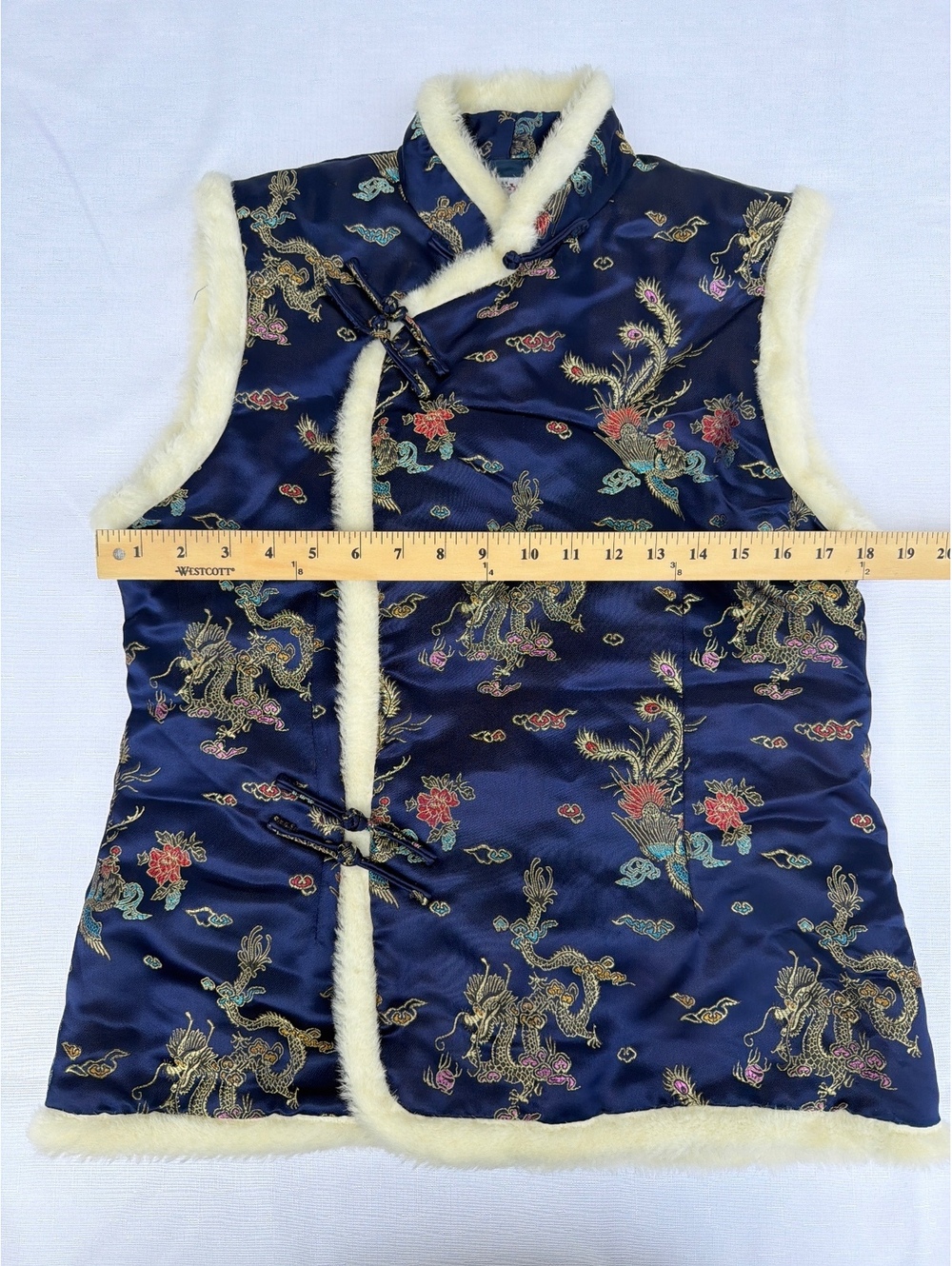 Plum Blossom Women's XL Navy Chinese Dragon Brocade Faux Fur Trim Vest - Picture 3 of 6